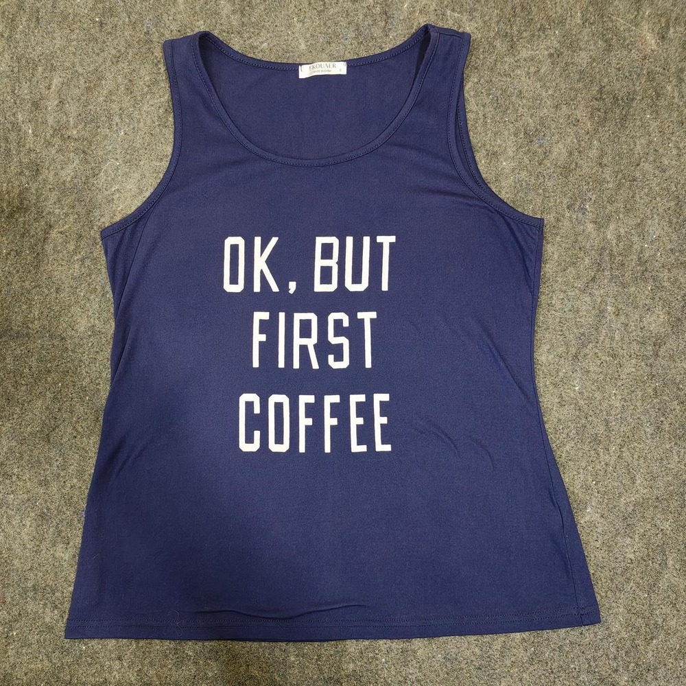 Ekouaer Navy Blue OK BUT FIRST COFFEE Graphic Tank Top Small